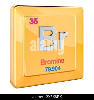 Bromine Br, chemical element sign with number 35 in periodic table. 3D rendering isolated on white background Stock Photo