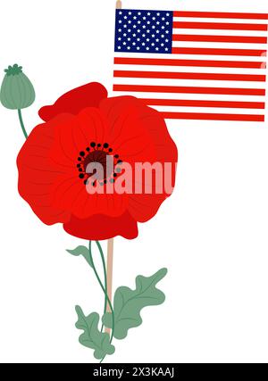 American flag with red poppy flower. Memorial Day. Vector illustration in flat style for design national traditional holidays Stock Vector