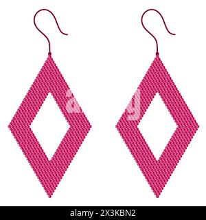 Two pink rhombus-shaped earrings with a hole in the middle made of 3D squares Stock Vector