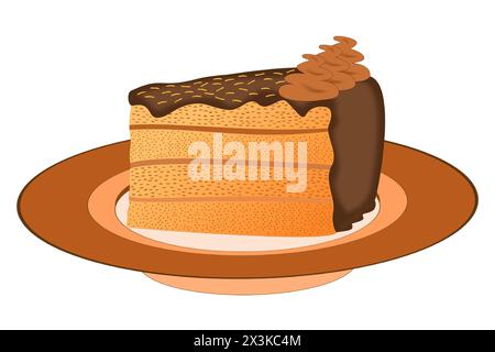 A piece of cake with chocolate icing, light brown cream and yellow decoration on a brown plate Stock Vector