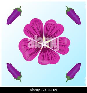 Moorish mallow flower in bloom in the middle and around it four still undeveloped mallow flowers on a blue background Stock Vector