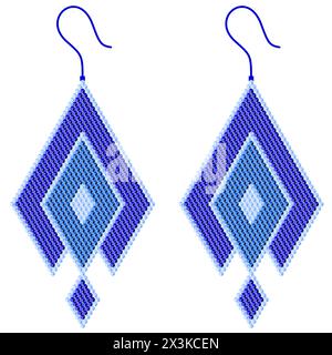Two blue earrings composed of rhombuses of three shades of blue with a light blue edge and a pendant, which are built of 3D cubes Stock Vector