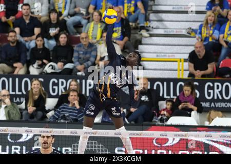 Noumory Keita of Rana Verona at serve during the match between Rana Verona and Cucine Lube Civitanova, final match of playoff Challenge Cup of Superlega Italian Volleball Championship 2023/2024 at Pala AGSM-AIM on April 27, 2024, Verona, Italy. Stock Photo