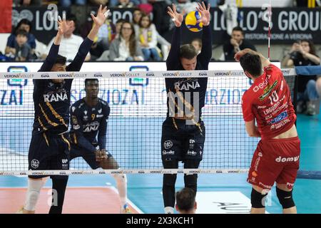 Block of Donovan Dzavoronok of Rana Verona during the match between Rana Verona and Cucine Lube Civitanova, final match of playoff Challenge Cup of Superlega Italian Volleball Championship 2023/2024 at Pala AGSM-AIM on April 27, 2024, Verona, Italy. Stock Photo