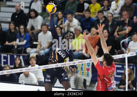 Attack of Noumory Keita of Rana Verona during the match between Rana Verona and Cucine Lube Civitanova, final match of playoff Challenge Cup of Superlega Italian Volleball Championship 2023/2024 at Pala AGSM-AIM on April 27, 2024, Verona, Italy. Stock Photo