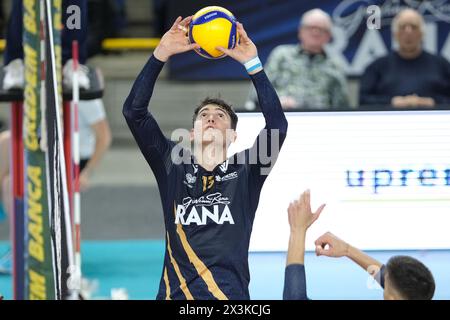 Set of Luca Spirito of Rana Verona during the match between Rana Verona and Cucine Lube Civitanova, final match of playoff Challenge Cup of Superlega Italian Volleball Championship 2023/2024 at Pala AGSM-AIM on April 27, 2024, Verona, Italy. Stock Photo