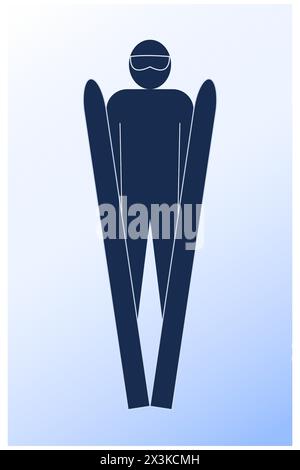 Ski jump symbol with glasses in flight on light blue background Stock Vector