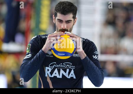 Amin Esmaeilnezhad of Rana Verona during the match between Rana Verona and Cucine Lube Civitanova, final match of playoff Challenge Cup of Superlega Italian Volleball Championship 2023/2024 at Pala AGSM-AIM on April 27, 2024, Verona, Italy. Stock Photo