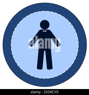 The figure of a gentleman with a white bow tie in a blue circle with a dark blue border Stock Vector