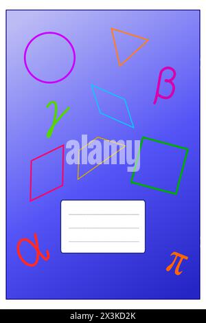 The blue-violet school notebook with mathematical patterns and Greek letters Stock Vector