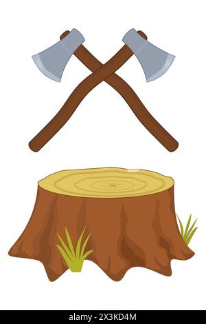 Two sharpened axes facing each other in the space above the stump Stock Vector
