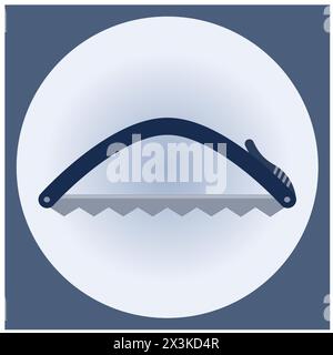 The symbol of an arched hand saw with a dark blue frame in a blue-gray square frame with a circle Stock Vector