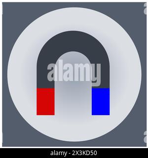 The symbol of a gray magnet in the shape of a horseshoe with a color resolution of the magnetic poles of red and blue, in a gray frame of a circle and Stock Vector