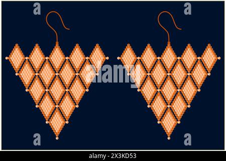Two light and dark orange earrings composed of rhombuses in the shape of a grape, which are built of 3D cubes on a dark background Stock Vector