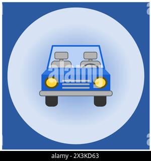The blue car symbol from front view in blue circle and square frame Stock Vector