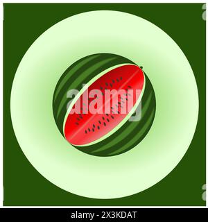 The ripe watermelon with peel and black seeds, cut in the middle in a green square frame with a circle Stock Vector