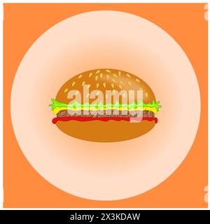The hamburger symbol with ketchup, meat, cheese and salad in an orange square frame with a circle Stock Vector