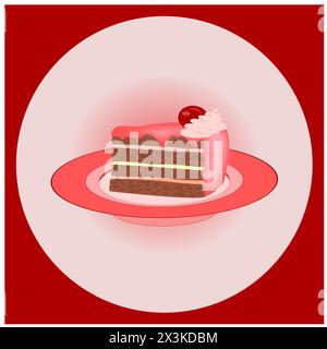 The cake symbol with cherries, icing and whipped cream on a pink plate in a red square frame with a circle Stock Vector