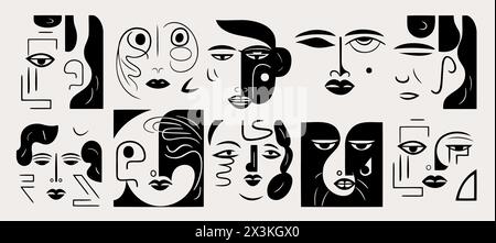 Big Set of Various Faces, abstract shapes in the style of Matisse. Ink painting style. Contemporary Hand drawn Vector illustrations. Continuous line m Stock Vector