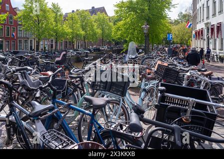 April 27, 2024, Leiden, Netherlands,  A busy day in the city center of the city during King's day. Bicycles parking in the center of the city Stock Photo