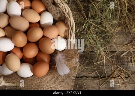 Fresh chicken eggs in wicker basket and dried hay on wooden table, top view. Space for text Stock Photo