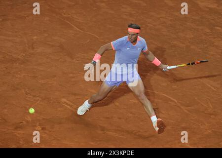 Rafael Nadal of Spain  against Alex de Minaur in the Men's Singles Round of 64 match during Day Five of the Mutua Madrid Open at La Caja Magica on Apr Stock Photo