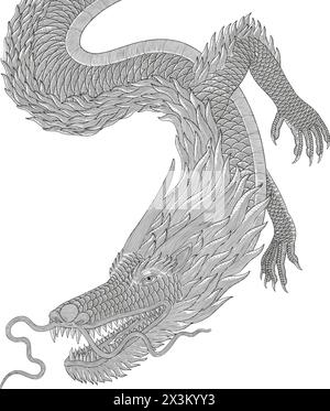 Japanese dragon vector vintage engraving drawing style illustration Stock Vector