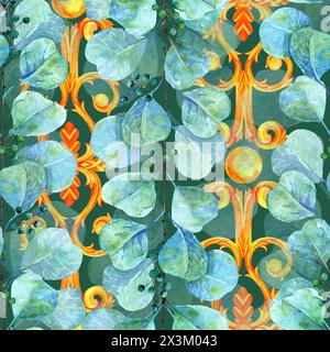 Eucalyptus branch and golden monograms, green background, hand drawn in watercolor, seamless pattern Stock Photo