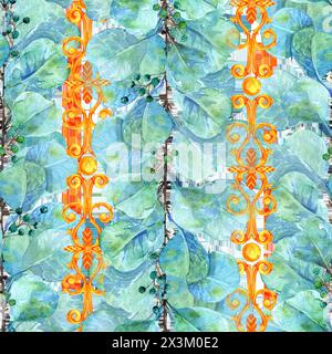 Eucalyptus branch and golden monograms, hand drawn in watercolor, seamless pattern, border, for card Stock Photo