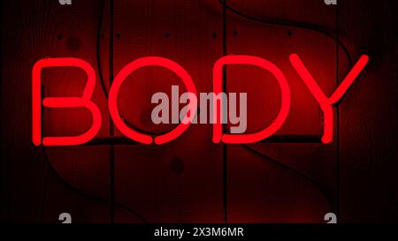 Four neon letter for the word body. Red electric light on wooden background Stock Photo