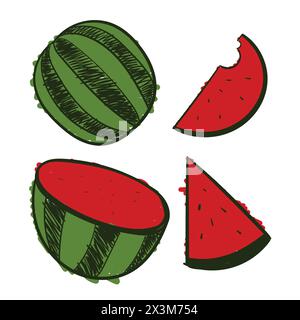 Watermelon Fruit Drawing Set Vector Watermelon Scribbles Doodle icons. Watermelon Vector Stock Vector