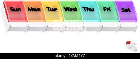 Illustration of Plastic Pharmacy Organizer for Pills for Each Day of the Week on White. A Weekly Medicine Dispenser Stock Vector