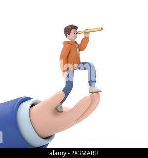 3D illustration of smiling male guy Qadir with briefcase on hand looking for opportunities in spyglass. Business man with telescope. Searches new pers Stock Photo