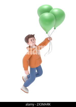 3D illustration of smiling male guy Qadir in business suit flying in the sky holding balloons with dollar sign. Concept of success, wealth, abundance. Stock Photo