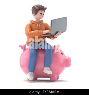 3D illustration of male guy Qadir sitting with Laptop Notebook on Piggy Bank Funds isolated on White Background 3D illustration. 3D people collection. Stock Photo