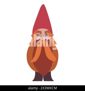 A gnome with a very long red beard, mustache and hair in a pointed red cap. Vector illustration for packaging, greeting cards and wrapping paper Stock Vector