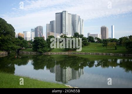 The Gardens of Hamarikyu are a public park in Chūō, Tokyo, Japan. Located at the mouth of the Sumida River they are surrounded by modern buildings. Stock Photo