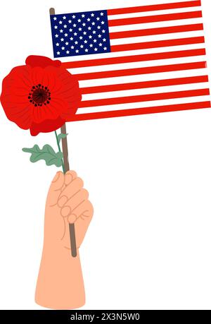 Hand with American flag and red poppy flower. Vector illustration in flat style Stock Vector