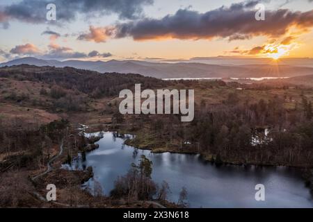 Stunning aerial drone landscape image of Lake District during Spring vibrant sunset Stock Photo