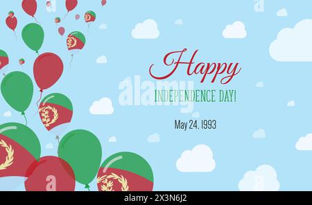 Eritrea Independence Day Sparkling Patriotic Poster. Row of Balloons in Colors of the Eritrean Flag. Greeting Card with National Flags, Blue Skyes and Stock Vector