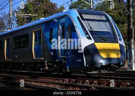 Close up view of the front of a new High Capacity Metro Train, or HCMT, bound for Melbourne's CBD, travelling via the city loop Stock Photo