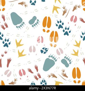 Vector seamless pattern with wild animals paw tracks. Footprints backdrop. Illustration with traces of birds and animals. Wildlife. Nature Reserve, Sa Stock Vector