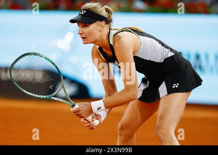 Dayana Yastremska of Ukraine in action against Coco Gauff of USA during the Mutua Madrid Open 2024, ATP Masters 1000 and WTA 1000, tennis tournament on April 27, 2024 at Caja Magica in Madrid, Spain Stock Photo