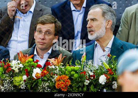 Jose Luis Martinez-Almeida, Mayor of Madrid, and King Felipe VI of Spain are seen during the match between Rafael Nadal of Spain and Alex de Minaur of Australia during the Mutua Madrid Open 2024, ATP Masters 1000 and WTA 1000, tennis tournament on April 27, 2024 at Caja Magica in Madrid, Spain Stock Photo