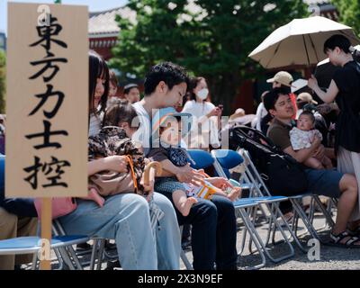 Tokyo, Japan. 28th Apr, 2024. Children wait for the competition of the Naki Sumo Crying Baby Contest in Tokyo, Japan, on April 28, 2024. Naki Sumo is a traditional ceremony performed as a prayer for healthy growth. Credit: Zhang Xiaoyu/Xinhua/Alamy Live News Stock Photo