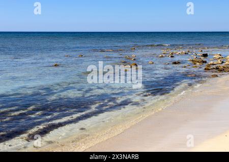 Beautiful clear waters of Salve beach called also ' The Seycelles of Salento' in Salento region, province of Lecce, Italy Stock Photo