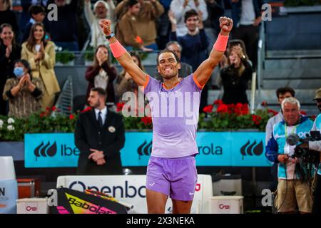 Usera, Spain. 27th Apr, 2024. Rafael Nadal of Spain playing against Alex de Minaur of Australia on Day Six of the Mutua Madrid Open 2024 tournament at La Caja Magica. Credit: SOPA Images Limited/Alamy Live News Stock Photo