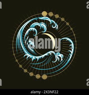 Big Sea Wave Esoteric Illustration Isolated on Black Background. No AI software used. Stock Vector