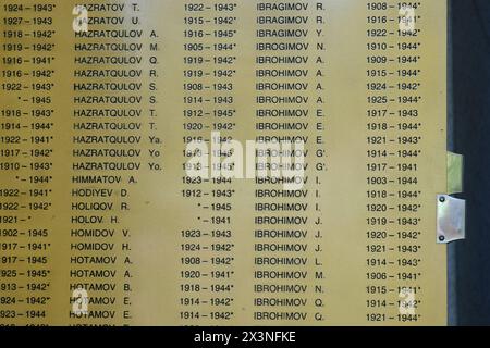 Samarkand Uzbekistan - Names on the memorial to the fallen soldiers from Samarqand Uzbekistan who died fighting for the Soviet Red Army during WW2 Stock Photo