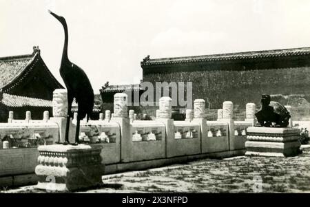 The bronze tortoise and bronze crane in front of the Hall of Supreme Harmony in the Forbidden City. BeiJing China Stock Photo